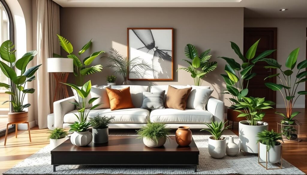 Arranjos de plantas artificiais na sala