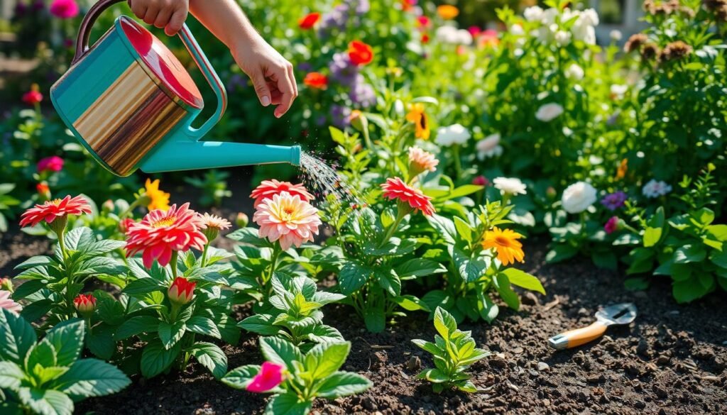 Rega de plantas e cuidados diários com jardim