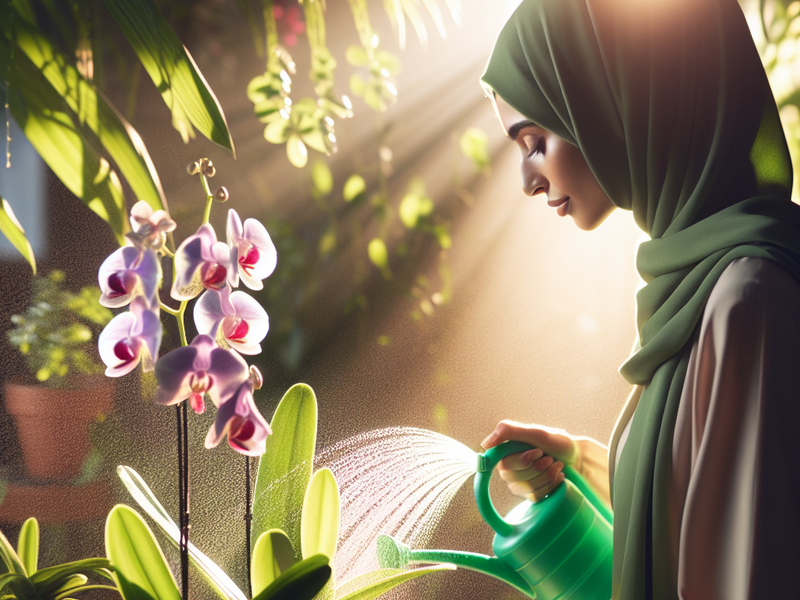 Gardener watering orchid plant